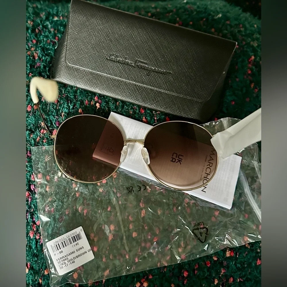 Ferragamo SF299S 60mm Round Sunglasses NWT Full Set Gold/Brown Rare